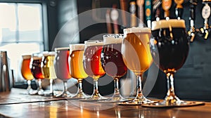 Assorted Beer Glasses Lined on Bar Counter