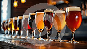 Assorted Beer Glasses Lined on Bar Counter