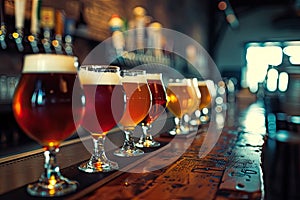 Assorted Beer Glasses Lined up on Bar