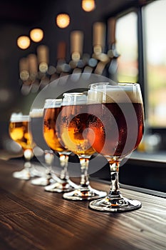 Assorted Beer Glasses on Wooden Bar Table
