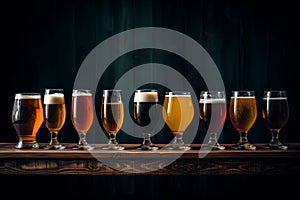 Assorted beer glasses on wooden table with rich colors and textures for brewery or pub concept