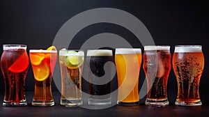 Assorted Beers and Ales in Glasses on Bar Counter