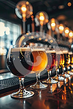 Assorted Beers in Glasses on Bar