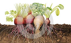 Assorted beetroots with detailed roots and leaves, cross-section of fertile soil