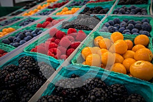 Assorted berries in baskets at farmers market