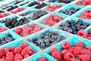 Assorted berries in baskets at farmers market - Close up