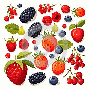 Assorted Berries and Drupes in Simple Flat Illustration AI Generated