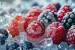 Assorted berries on ice raspberries, blackberries, blueberries