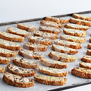 Assorted Biscotti Cantucci Biscuits, italian dessert cookies close up, selective focus, copy space. Homemade bakery confectionery