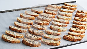 Assorted Biscotti Cantucci Biscuits, italian dessert cookies close up, selective focus, copy space. Homemade bakery confectionery