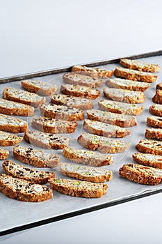 Assorted Biscotti Cantucci Biscuits, italian dessert cookies close up, selective focus, copy space. Homemade bakery confectionery