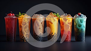 assorted boba tea on a black background