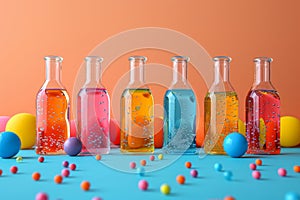 Assorted Bottles Filled With Different Colored Liquid. Generative AI