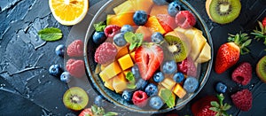 Assorted Bowl of Fresh Fruit With Kiwis, Raspberries, Oranges