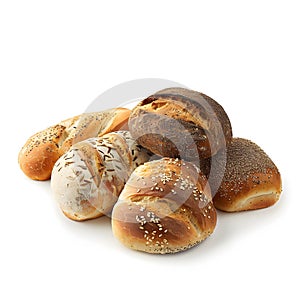 Assorted bread rolls isolated on white background