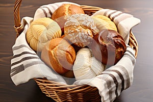 assorted bread rolls in a woven basket