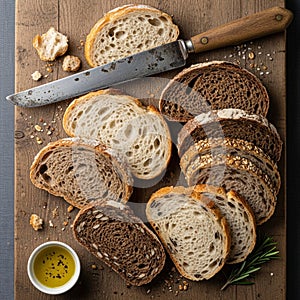 Assorted bread slices, including multigrain and