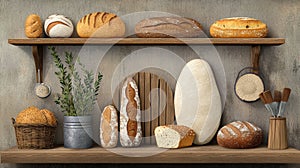 Assorted bread varieties displayed on a rustic wooden shelf with herbs