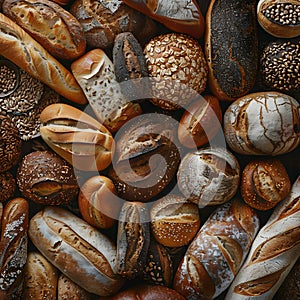 Assorted bread varieties displayed with singleorigin coffee on table