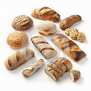 Assorted bread varieties isolated on white background