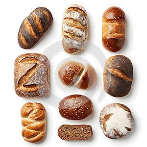 Assorted bread varieties isolated on white background