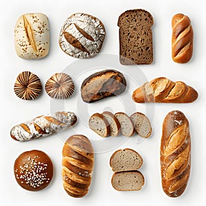 Assorted bread varieties isolated on white background