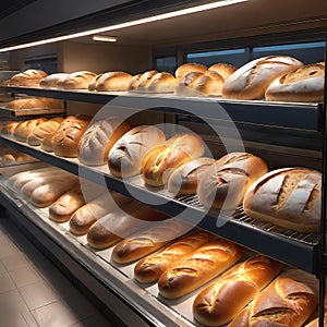 Assorted breads displayed on the shelves of bakery supermarkets: Various types of bread, rolls, baguettes, bagels, rolls