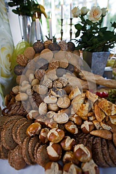 Assorted breads on table