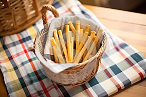 assorted breadsticks in a basket with a checkered napkin