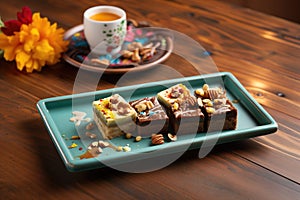assorted brownies platter with nuts and caramel