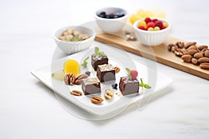 assorted brownies with various nuts on white plate