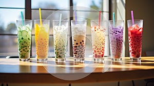 Assorted bubble tea glasses displayed on a vibrant table in a stylish modern cafe setting