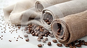Assorted burlap and cotton rolls with a bowl of coffee beans, creating a warm, rustic atmosphere. Fabric Made with photo
