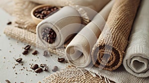 Assorted burlap and cotton rolls with a bowl of coffee beans, creating a warm, rustic atmosphere. Fabric Made with photo