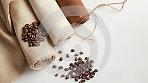 Assorted burlap and cotton rolls with a bowl of coffee beans, creating a warm, rustic atmosphere. Fabric Made with photo