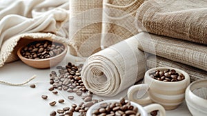 Assorted burlap and cotton rolls with a bowl of coffee beans, creating a warm, rustic atmosphere. Fabric Made with photo