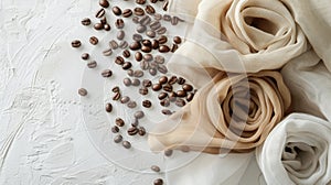 Assorted burlap and cotton rolls with a bowl of coffee beans, creating a warm, rustic atmosphere. Fabric Made with photo