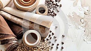 Assorted burlap and cotton rolls with a bowl of coffee beans, creating a warm, rustic atmosphere. Fabric Made with photo