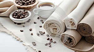 Assorted burlap and cotton rolls with a bowl of coffee beans, creating a warm, rustic atmosphere. Fabric Made with photo