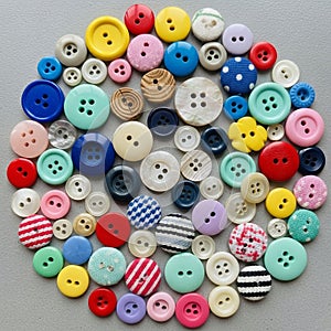 Of assorted buttons arranged in a circular pattern on a flat