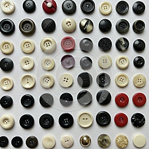 Assorted buttons arranged in a grid pattern on a white background. The collection