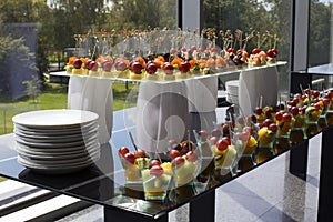 Assorted canapes on a buffet glass table