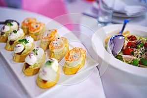 Assorted canapes for the festive table. Catering services for banquets. photo