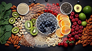 assorted candied berries, dried fruits, nuts and seeds, top view. healthy food background. Superfood