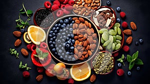 assorted candied berries, dried fruits, nuts and seeds, top view. healthy food background. Superfood