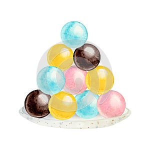 Assorted candy bar of colorful round candies in yellow, chocolate brown, teal blue and pink watercolor illustration