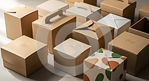Assorted cardboard boxes with various designs