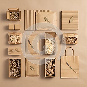 Assorted cardboard packaging items arranged on