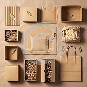 Assorted cardboard packaging items arranged on