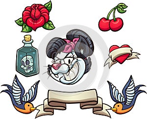 Assorted cartoon rockabilly tattoo elements